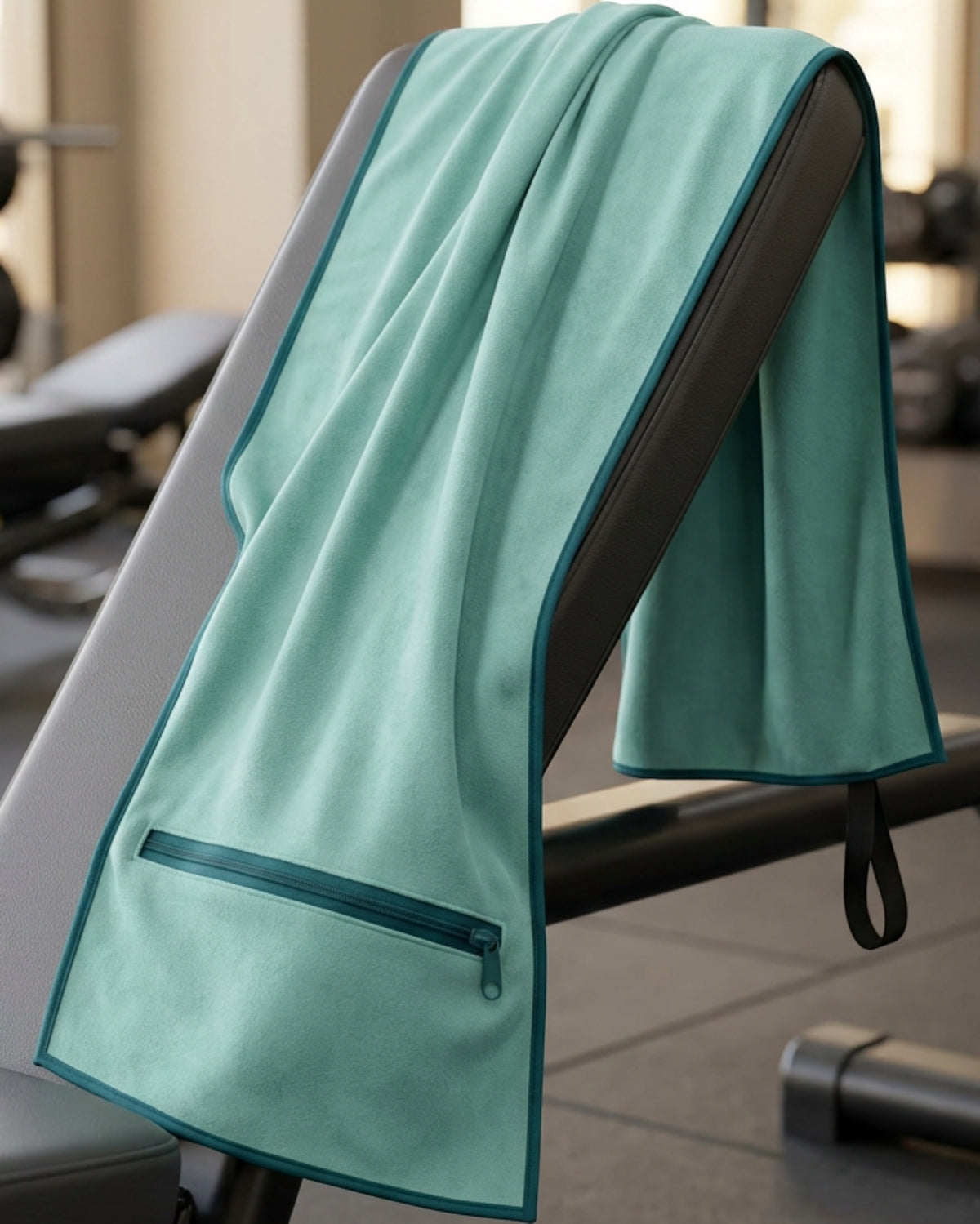 Gndmv Suede Microfiber Fitness Towel with Zipper Pocket 82 x 34 cm Sea Green - Lifestyle view